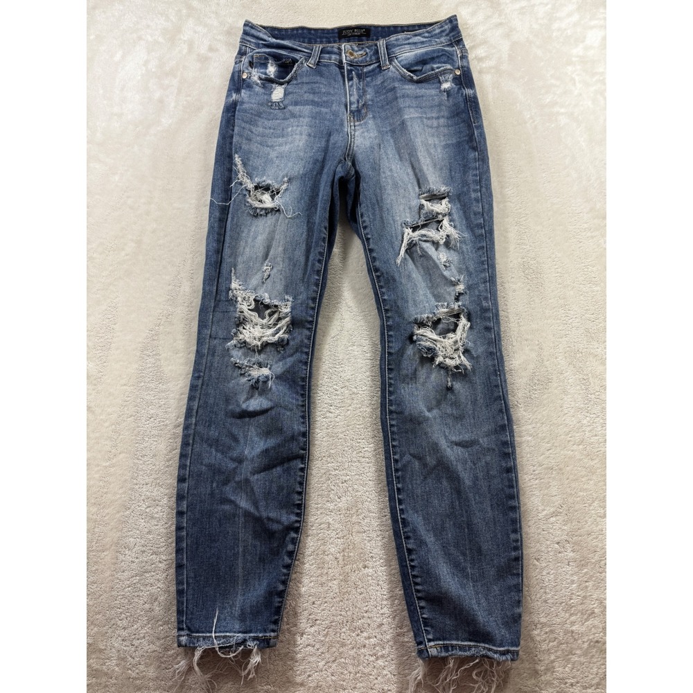 Judy Blue Womens Boyfriend Fit Distressed Blue Denim Jeans 1/25 Meas: 28x27.5